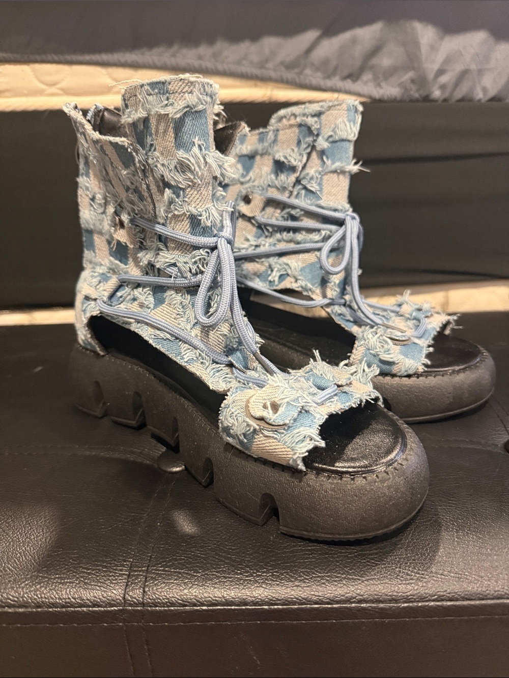 Frayed Light Blue Denim Lace-Up Platform Sandals